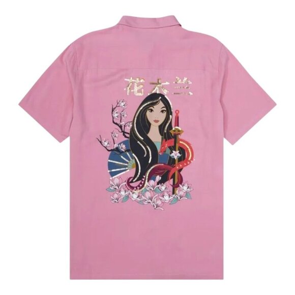 DISNEY X HER UNIVERSE Mulan Traditional Portrait Woven Button Up Shirt Pink Sz M - Picture 1 of 13